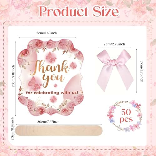 50 Pink Wedding Fans with Wood Sticks and Bows