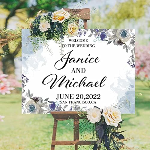Personalized Blue Floral Wedding Welcome Sign