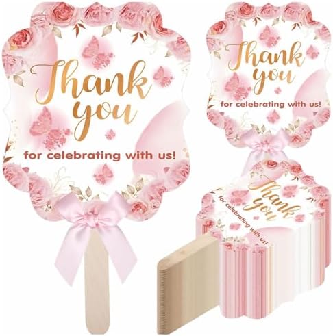 50 Pink Wedding Fans with Wood Sticks and Bows