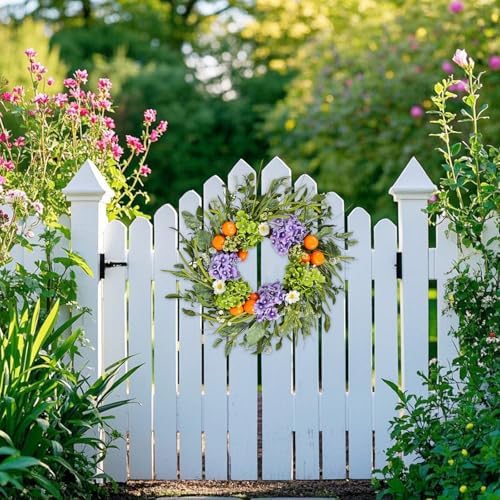 24 Inch Artificial Hydrangea Wreath with Realistic Fruit and Green Leaves