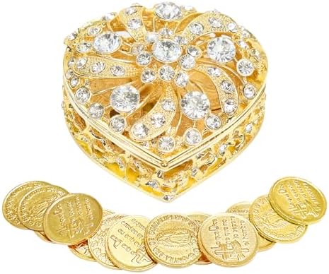 Wedding Arras Coins Set - Gold Heart Box with 13 Virgen of Guadalupe Coins