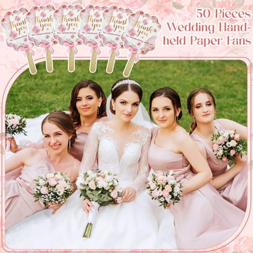 50 Pink Wedding Fans with Wood Sticks and Bows