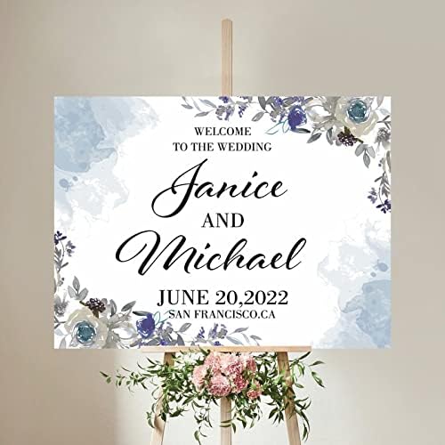 Personalized Blue Floral Wedding Welcome Sign