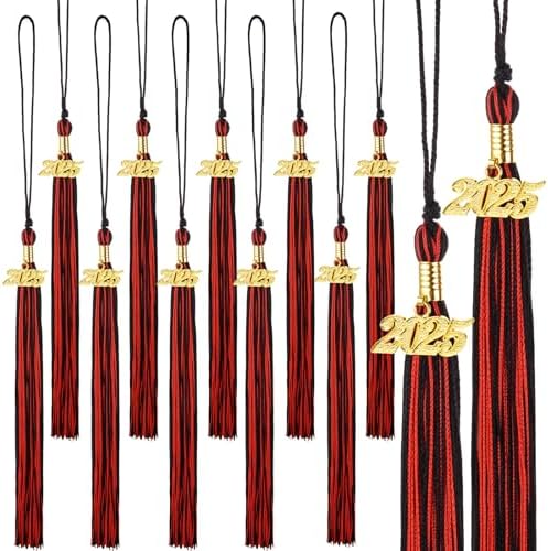 12 Graduation Tassels with 2025 Black Red Charms