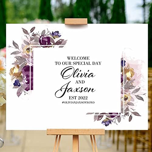 Alioyoit Personalized Wedding Welcome Sign with Purple Floral Wreath