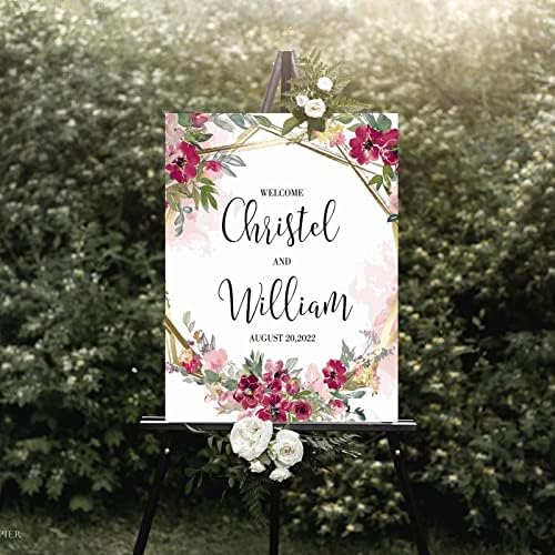 Personalized Pink Floral Wedding Welcome Sign 12x16 Inch