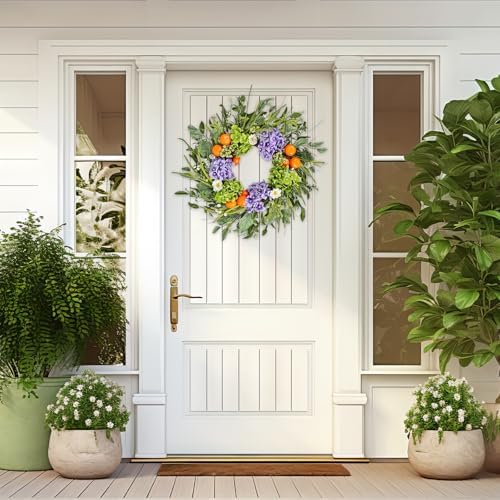24 Inch Artificial Hydrangea Wreath with Realistic Fruit and Green Leaves