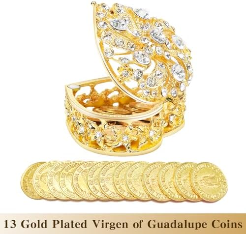 Wedding Arras Coins Set - Gold Heart Box with 13 Virgen of Guadalupe Coins