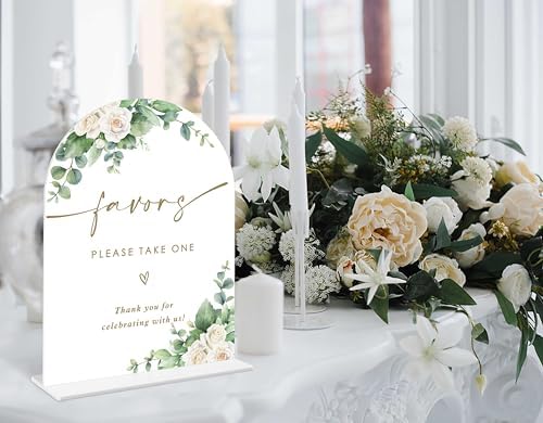Eucalyptus Rose Wedding Sign with Holder - 6x8 Inch White Acrylic Arch
