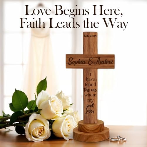 Personalized Wedding Cross Wood Sign with Engraved Names