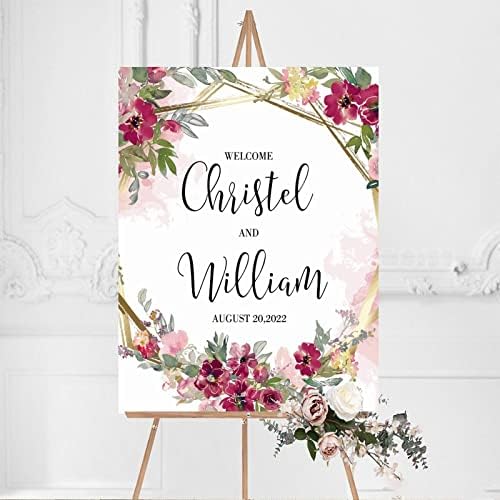 Personalized Pink Floral Wedding Welcome Sign 12x16 Inch