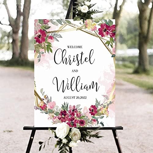 Personalized Pink Floral Wedding Welcome Sign 12x16 Inch