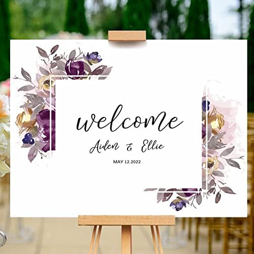 Purple Floral Wreath Wedding Welcome Sign
