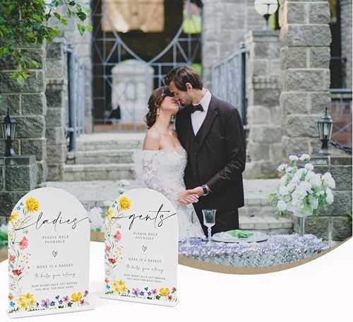 2 Pcs Floral Wedding Bathroom Signs with Holder