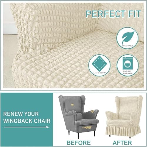Stretch Seersucker Chair Slipcover with Ottoman Universal Wingback Chair Cover Set Beige