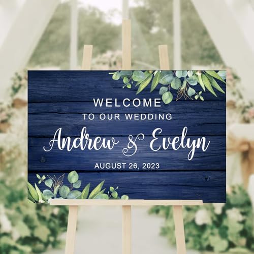 Rustic Navy Wedding Welcome Sign with White Flowers