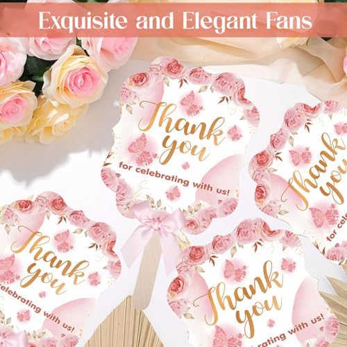 50 Pink Wedding Fans with Wood Sticks and Bows