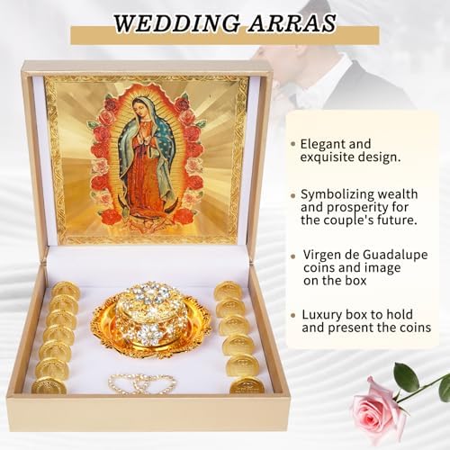 Catholic Wedding Arras Set with Virgen De Guadalupe Gifts Box