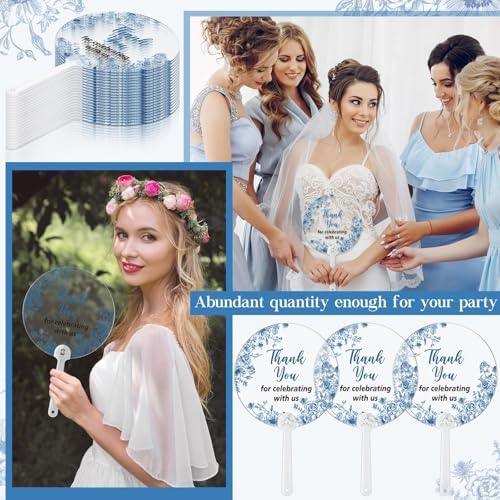 Geelin 50 Pcs Blue Flower Wedding Fans for Guests and Bridesmaids