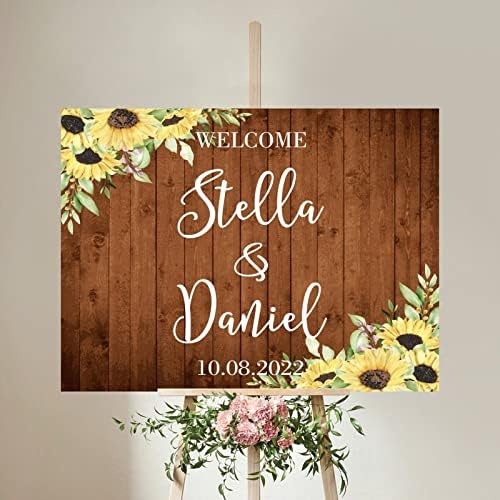 Wedding Welcome Sign Sunflower Brown Wood Customizable