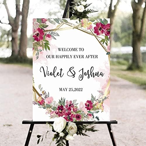 Alioyoit Personalized Pink Floral Wedding Welcome Sign 12x16 Inch