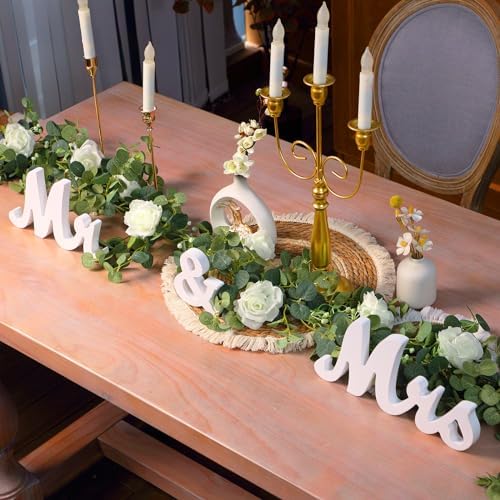 2pcs White Mr Mrs Wedding Table Signs with Artificial Flowers Garland