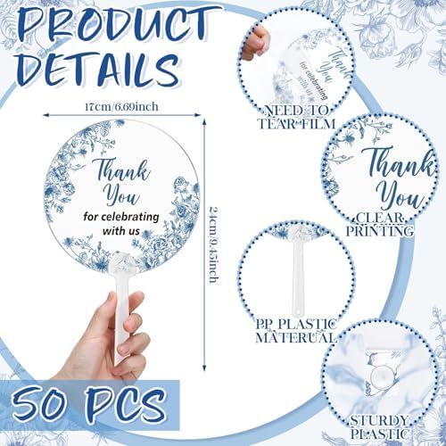 Geelin 50 Pcs Blue Flower Wedding Fans for Guests and Bridesmaids