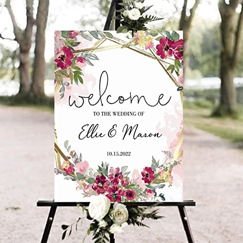 Custom Pink Floral Wood Wedding Welcome Sign 12x16 Inch