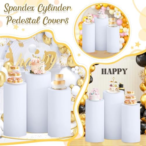 FOTSHARER 3 Pcs White Spandex Cylinder Stand Covers for Parties