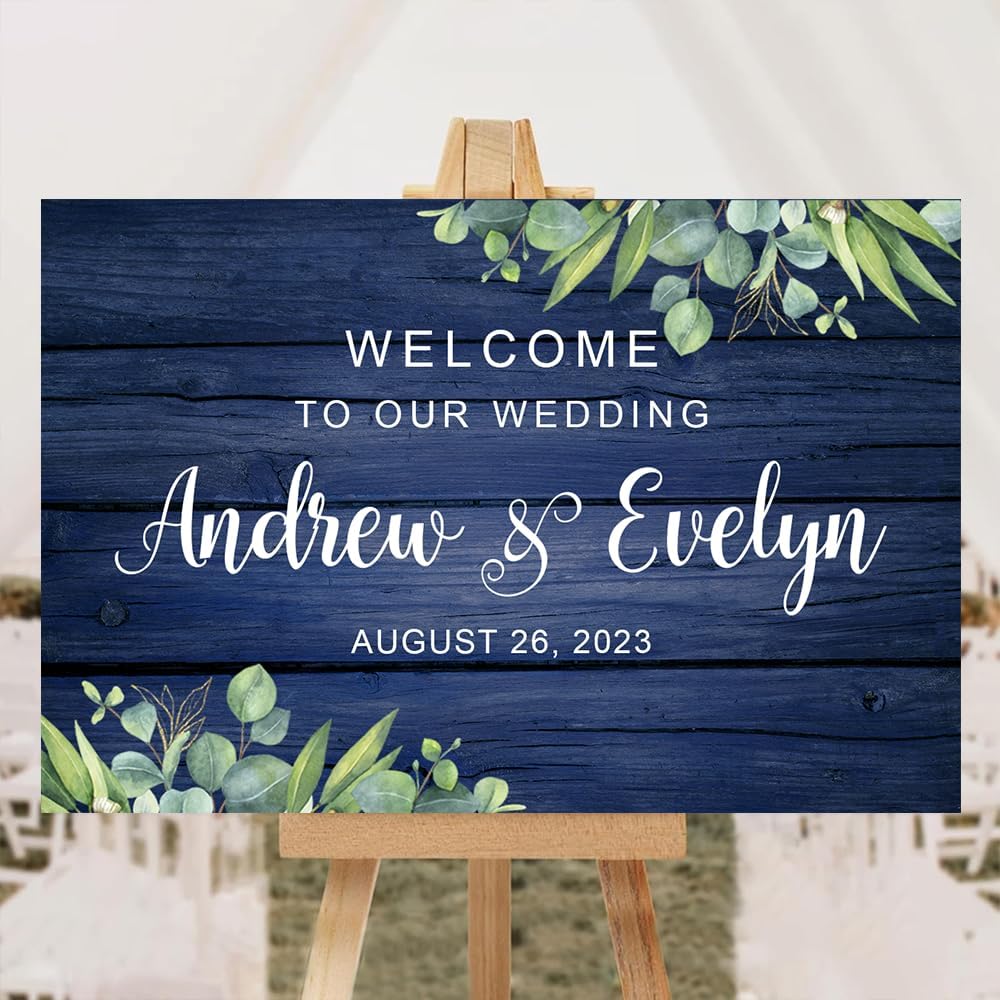 Rustic Navy Wedding Welcome Sign with White Flowers