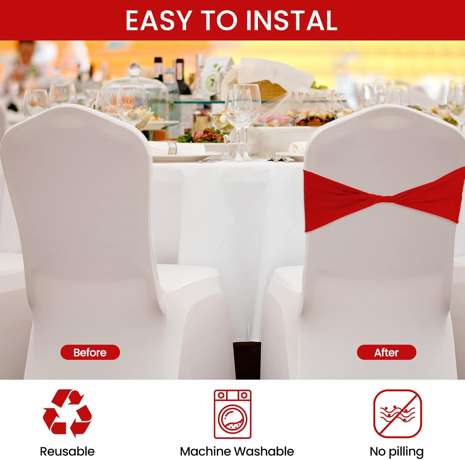 Kinlop 150 Pcs Stretch Chair Sashes Red