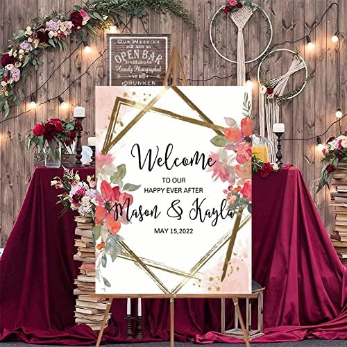 Alioyoit Red Floral Wreath Wedding Welcome Sign