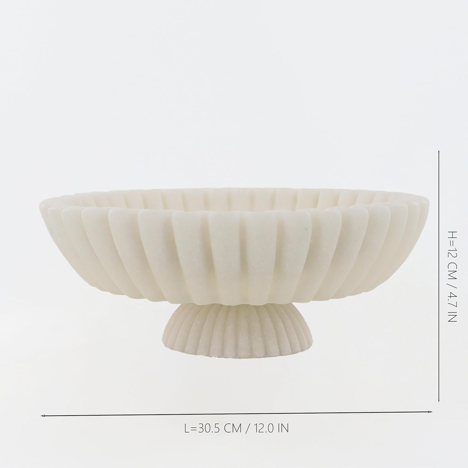 12 In Decorative Bowl Scalloped Pedestal Milky White Artificial Stone