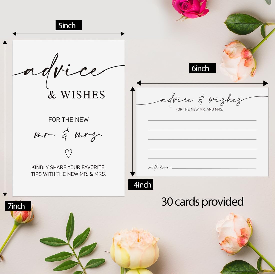 Advice and Wishes for Mr and Mrs Wedding Cards Set 30 Guests