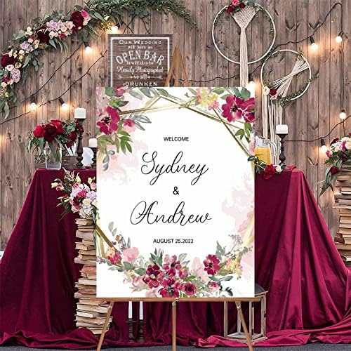 Alioyoit Pink Floral Customizable Wedding Welcome Sign