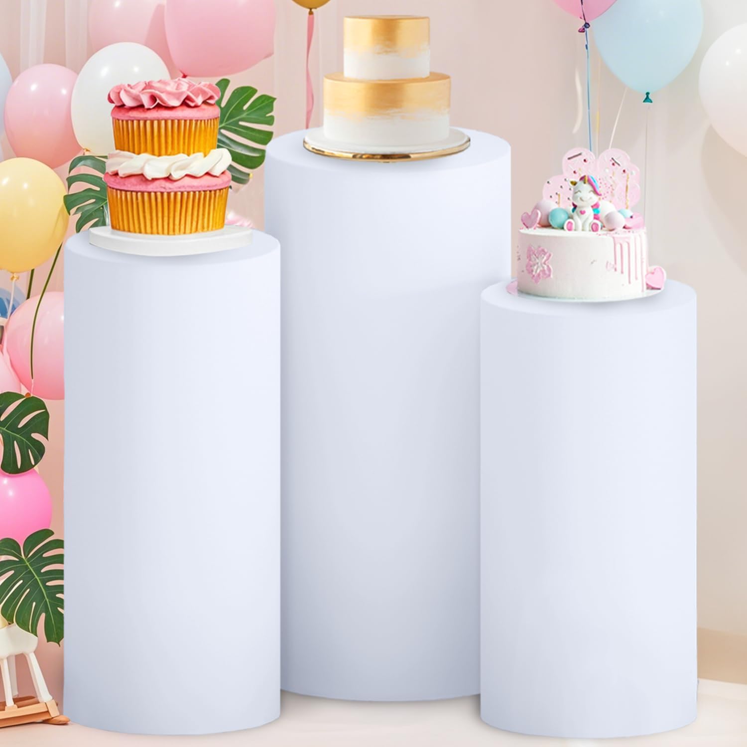 FOTSHARER 3 Pcs White Spandex Cylinder Stand Covers for Parties