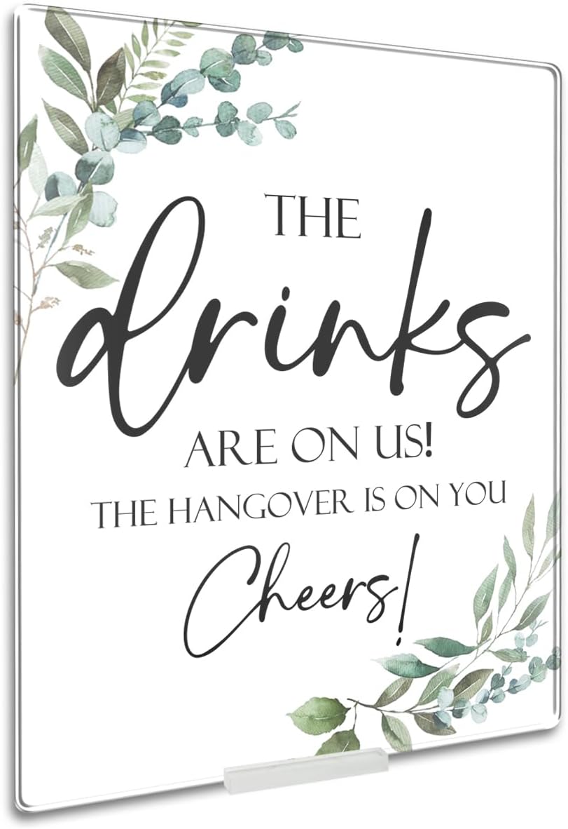 Vodbok Wedding Table Sign Acrylic With Stand - The Drinks Are On Us
