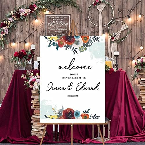 Customizable Red Floral Wedding Welcome Sign 12x16 Inch