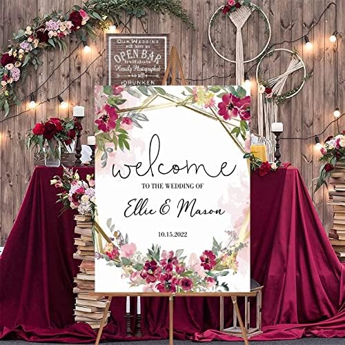 Custom Pink Floral Wood Wedding Welcome Sign 12x16 Inch