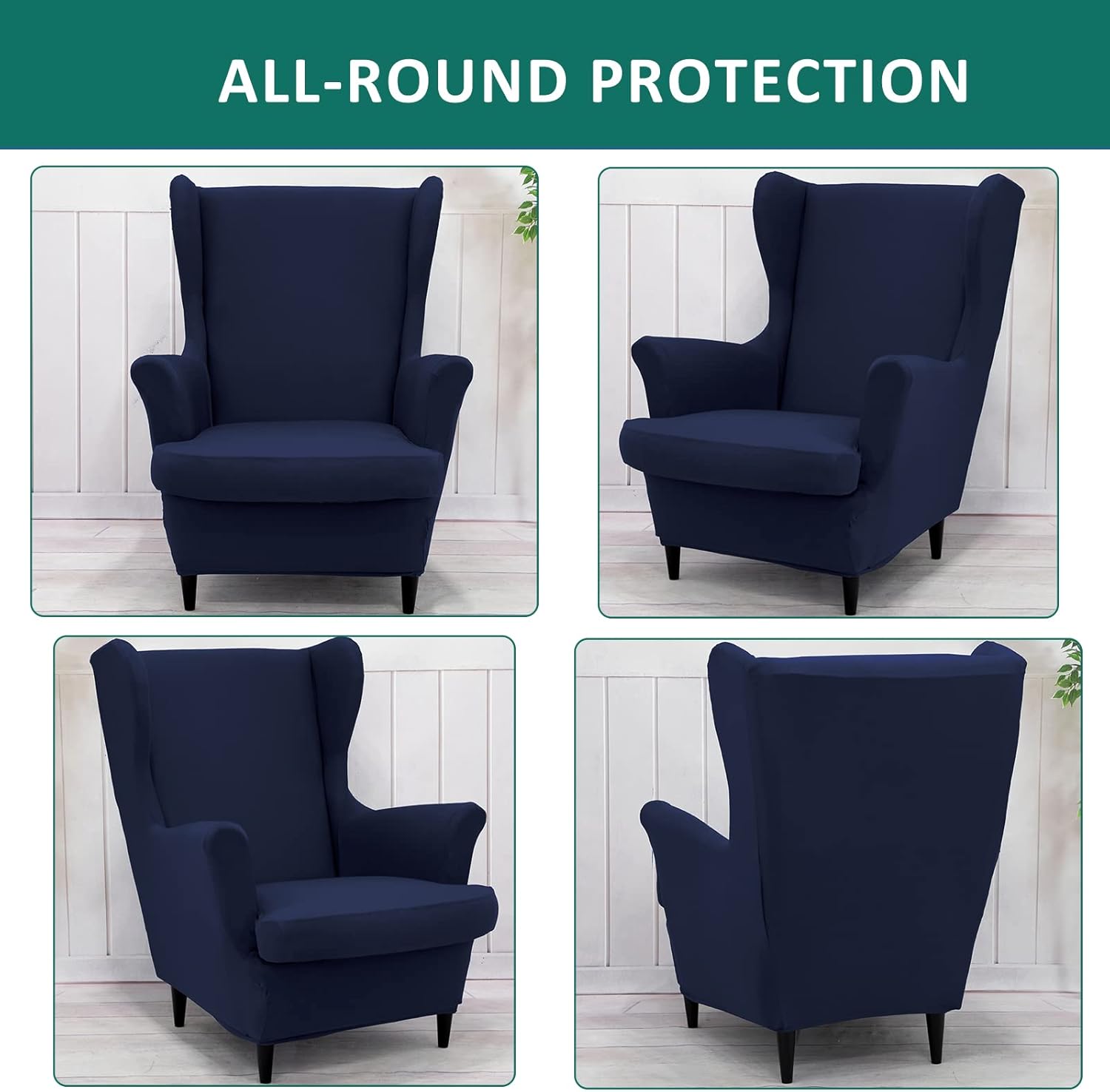 NILUOH 2-Piece Wingback Chair Cover with Elastic Bottom Navy