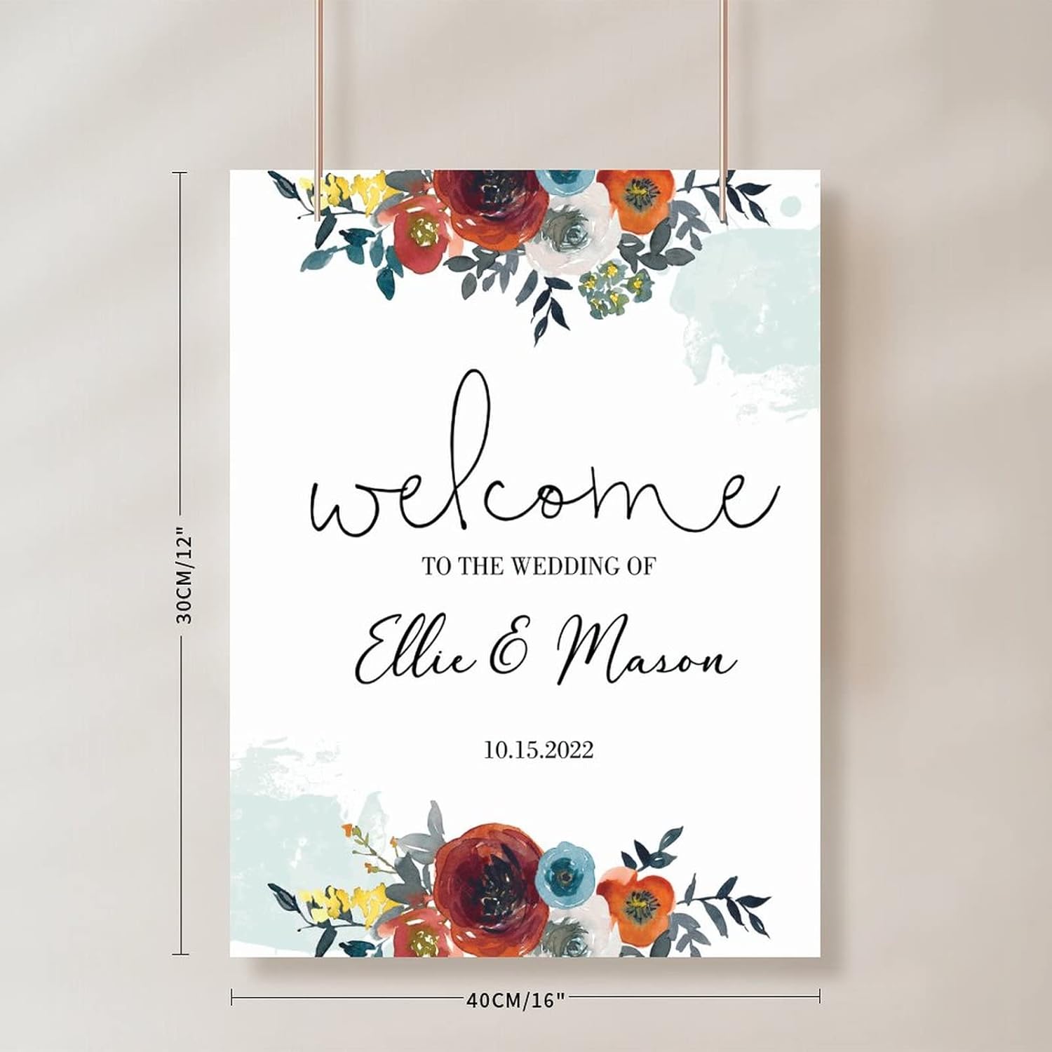 Custom Red Floral Wedding Welcome Sign 12x16 Inch