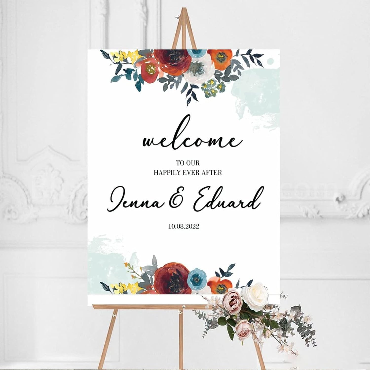 Customizable Red Floral Wedding Welcome Sign 12x16 Inch