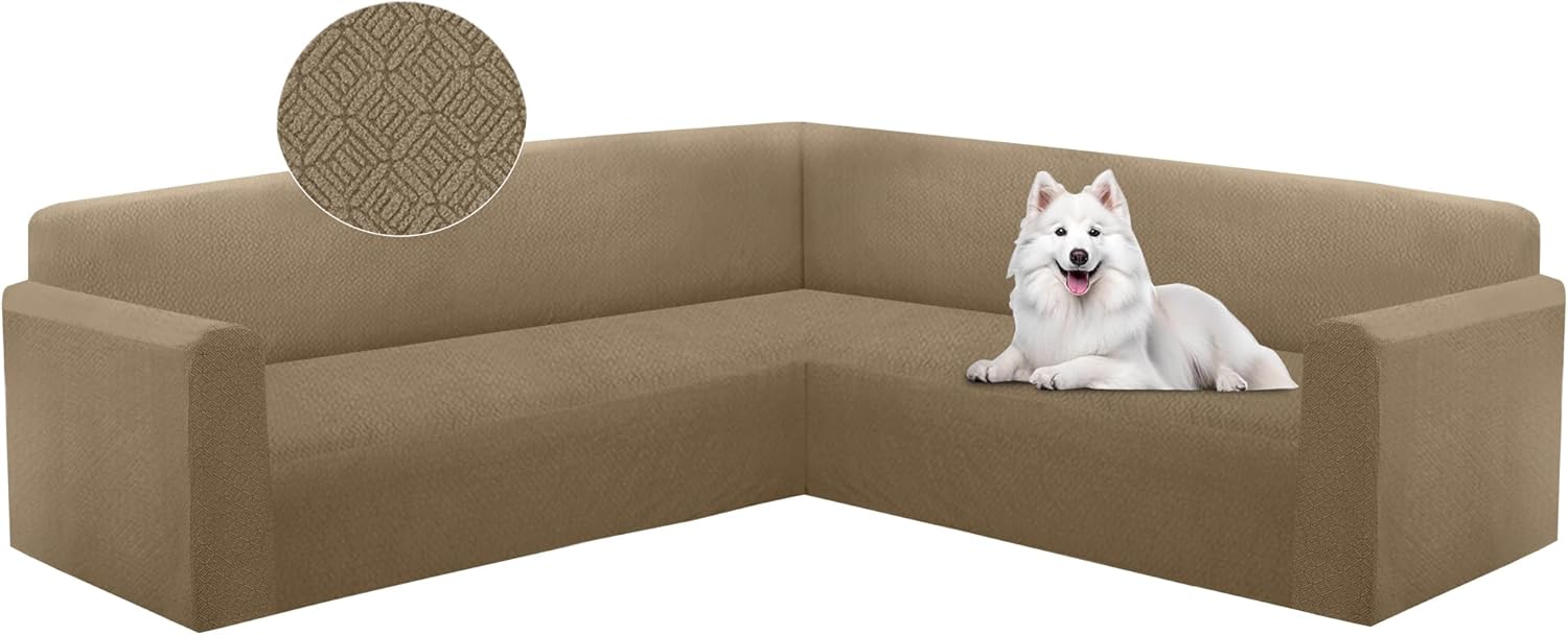 Jacquard L-Shaped Sectional Sofa Cover for Pets - Brown Khaki X-Large
