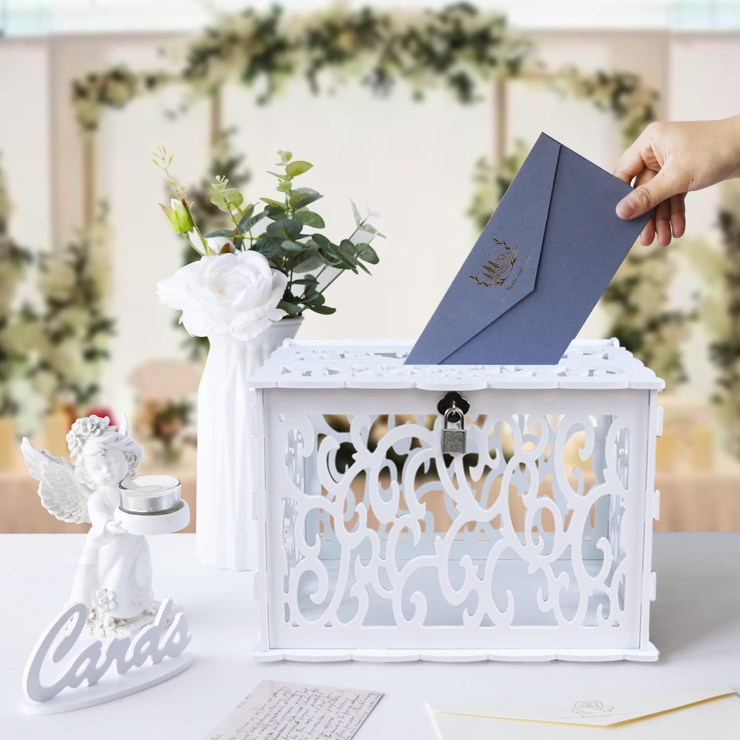 OurWarm PVC Hollow Wedding Envelope Box with Lock and Card Sign