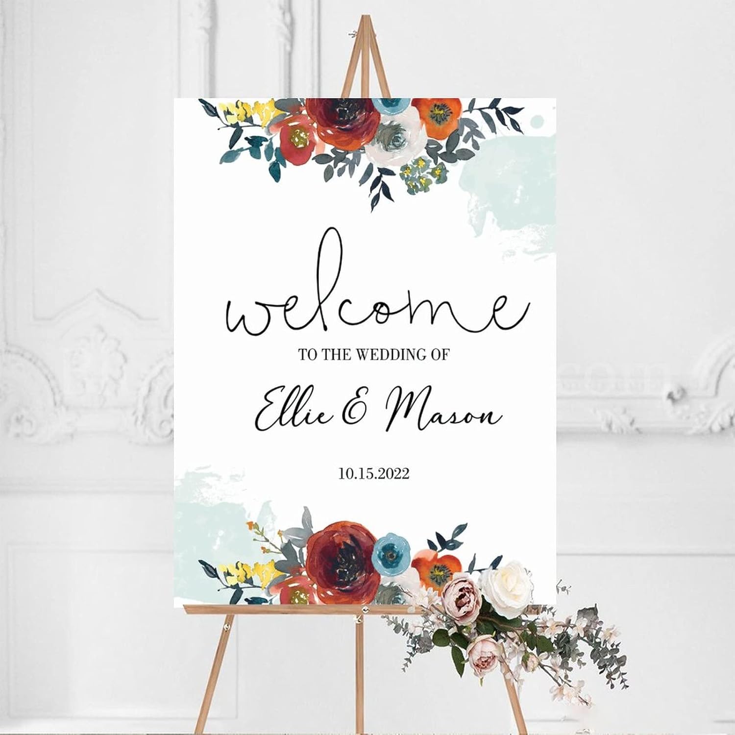 Custom Red Floral Wedding Welcome Sign 12x16 Inch