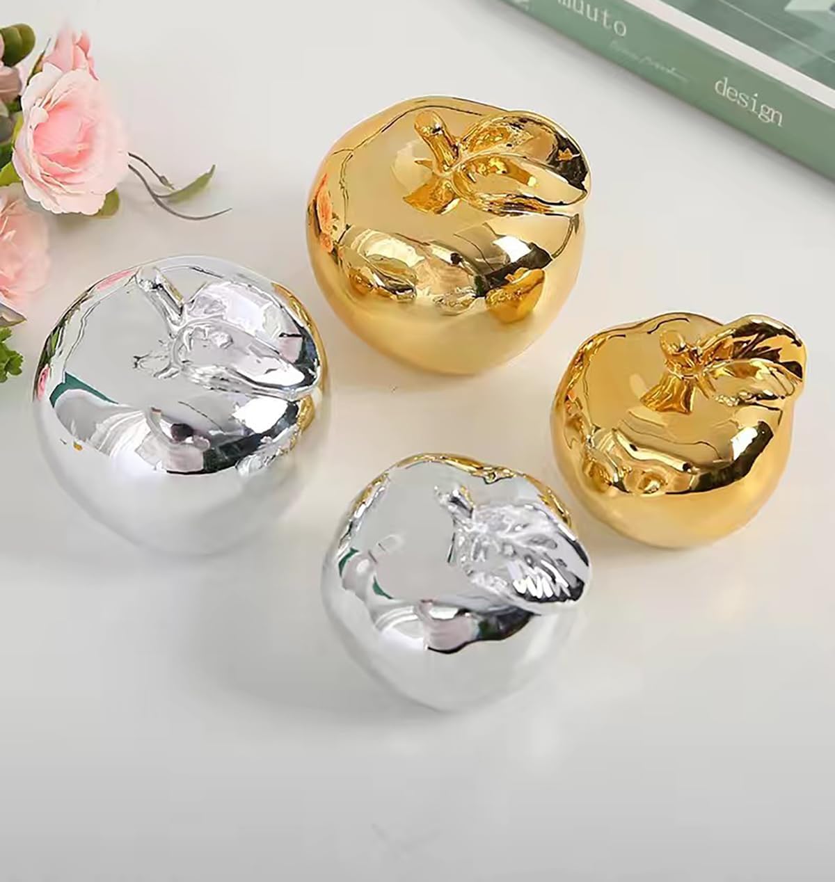 Hoobar Ceramic Fruit Shape Statues Set of 2 Gold Apple