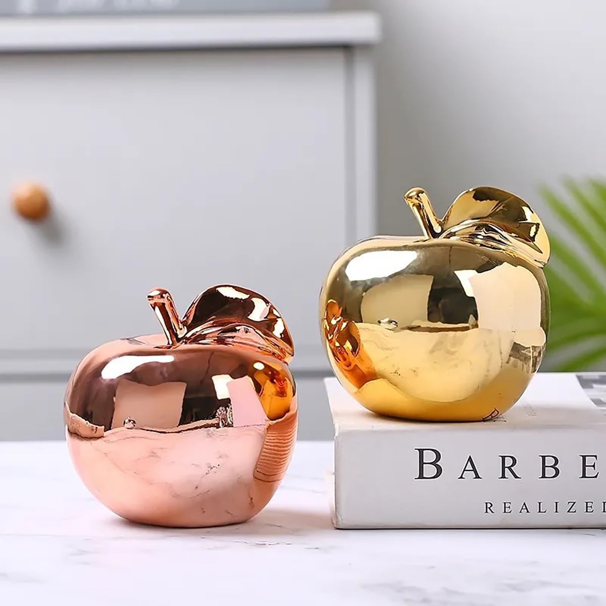 Hoobar Ceramic Fruit Shape Statues Set of 2 Gold Apple