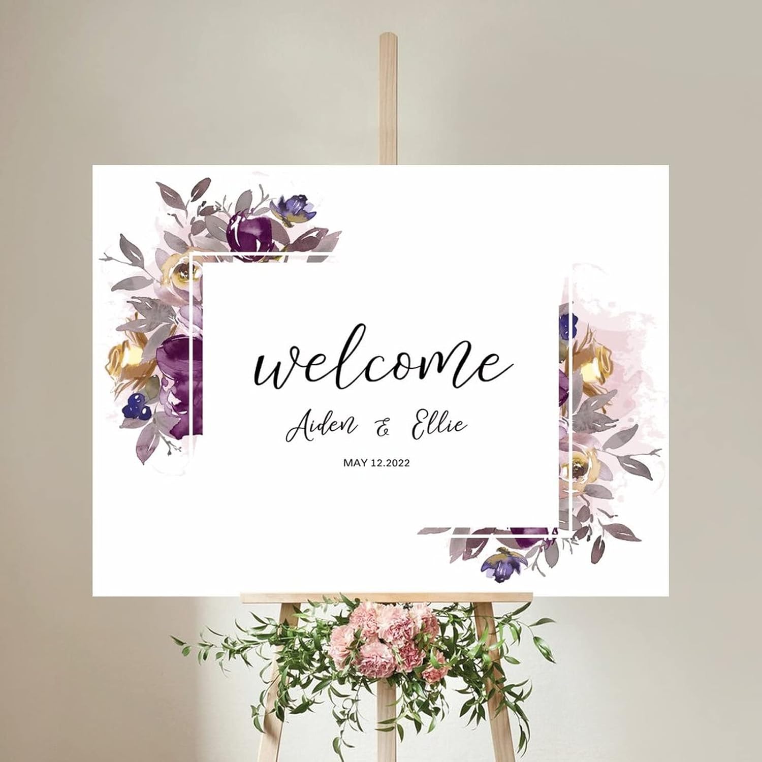 Purple Floral Wreath Wedding Welcome Sign