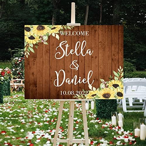 Wedding Welcome Sign Sunflower Brown Wood Customizable