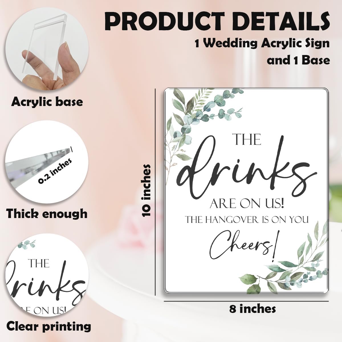 Vodbok Wedding Table Sign Acrylic With Stand - The Drinks Are On Us